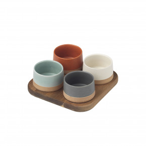 Evviva - Set 4 ciotole in ceramica con vassoio in legno - Colore: Multicolore - SKU: EVV-5771 