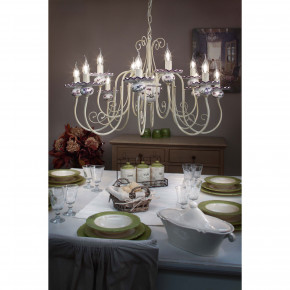 FerroLuce - Modello: Sanremo - Lampadario rustico in metallo con 12 braccia in ceramica decorata a mano - Attacco Lampadina: E14 - 12 Lampadine - Watt 42W - Dimmerabile: NO - Grado di Protezione: IP20 - Classe Energetica: A - SKU: C410-12-BO-69.DEC.LA - Codice EAN: 8056598470659