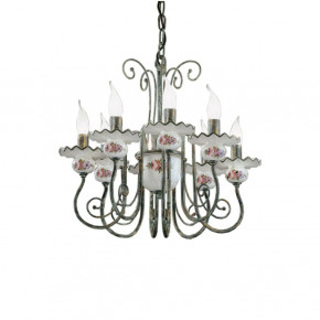 FerroLuce - Modello: Sanremo - Lampadario rustico in metallo con 8 braccia in ceramica decorata a mano - Attacco Lampadina: E14 - 8 Lampadine - Watt 42W - Dimmerabile: NO - Grado di Protezione: IP20 - Classe Energetica: A - SKU: C410-8-VO-11.DEC.OTT - Codice EAN: 8056598472684