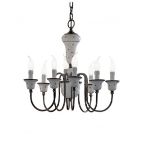 FerroLuce - Modello: Sanremo - Lampadario rustico in metallo con 8 braccia in ceramica decorate a mano - Attacco Lampadina: E14 - 8 Lampadine - Watt 42W - Dimmerabile: NO - Grado di Protezione: IP20 - Classe Energetica: A - SKU: C270-8-BA-44.DEC.FFB - Codice EAN: 8056598472325