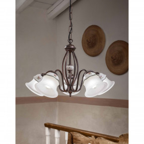 FerroLuce - Modello: Ferrara - Lampadario rustico in metallo e ceramica decorata a mano con diffusori in vetro - Attacco Lampadina: E14 - 5 Lampadine - Watt 42W - Dimmerabile: NO - Grado di Protezione: IP20 - Classe Energetica: A - SKU: C194-5-NR-33.DEC.SOO - Codice EAN: 8056598472219 