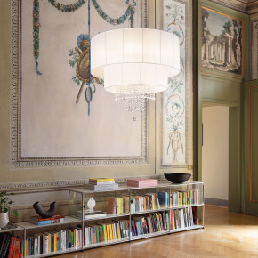 Ideal lux - Modello: Swan - Lampada a sospensione grande con paralume in PVC e pendagli in cristallo - Colore: Bianco - Attacco Lampadina: E27 - 10 Lampadine - Watt 60W - Dimmerabile: NO - Grado di Protezione: IP20 - SKU: 165011 - Codice EAN: 8021696287669