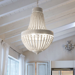 Ideal lux - Modello: Monet - Lampadario grande rustico in metallo con decorazioni in perle di legno - Colore: Bianco - Attacco Lampadina: E14 - 6 Lampadine - Watt 40W - Dimmerabile: NO - Grado di Protezione: IP20 - SKU: 162751 - Codice EAN: 8021696251110