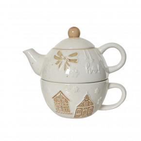 Kaemingk - Set da thè con tazza e teiera in dolomite con decori natalizi - Colore: Panna - SKU: 463361 - Codice EAN: 8720725487536 