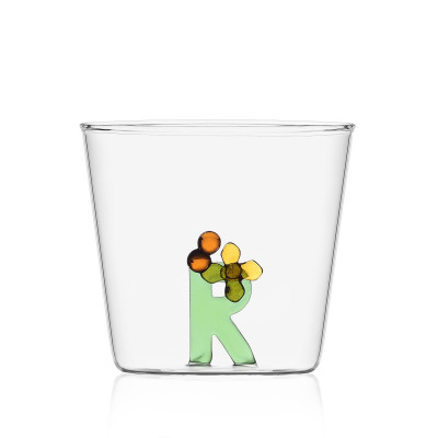  Ichendorf - Modello: GreenWood - Bicchiere in vetro tumbler con alfabeto fiorito lettera "R" - Colore: Verde - SKU: 09352177 - Codice EAN: 8032397049050 