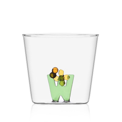  Ichendorf - Modello: GreenWood - Bicchiere in vetro tumbler con alfabeto fiorito lettera "W" - Colore: Verde - SKU: 09352182 - Codice EAN: 8032397049104 