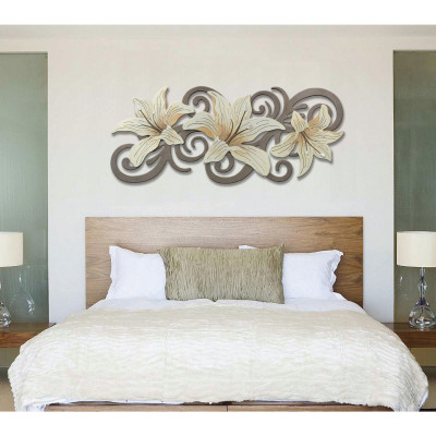  Artitalia - Quadro in legno moderno con fiori in rilievo e dettagli foglia argento 155x65 - Colore: Beige - Tema Quadro: Array - Realizzazione Quadro: Pannelli in Legno - SKU: PS601 
