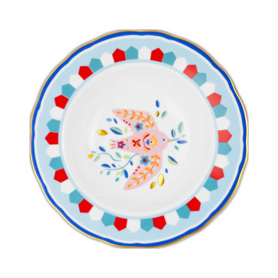 Baci Milano - Modello: Mamma Mia - Piatto fondo in porcellana dal design moderno ed elegante "Uccellino" - Colore: Rosso/Blu - SKU: PLA2.MAM01 - Codice EAN: 8059793462924