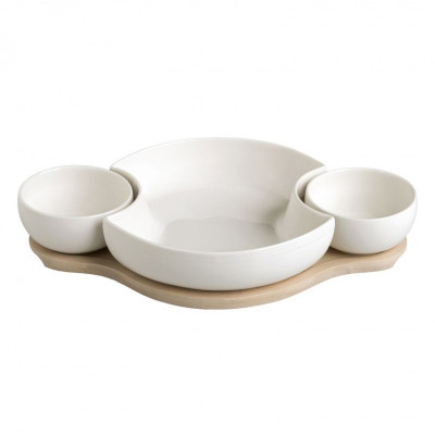  Brandani - Antipastiera in porcellana con 3 scomparti separati e base in bamboo - Colore: Legno Naturale/Bianco - SKU: B53080 - Codice EAN: 8029722530802 