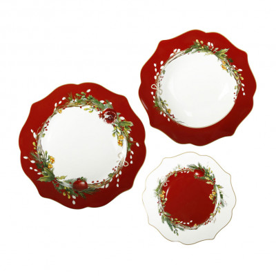  Brandani - Modello: Carol - Servizio di piatti 18 pezzi in ceramica - Colore: Bianco/Rosso - SKU: B89960 - Codice EAN: 8029722899602 