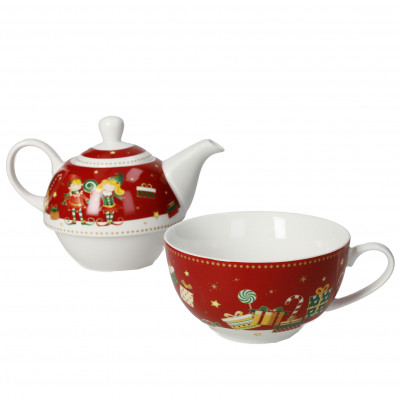  Brandani - Elfomagia - Teiera con tazza da the in ceramica bone china con decori natalizi - Colore: Rosso/Bianco - SKU: B84548 