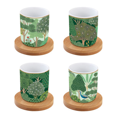  Easy Life - Woodland - Set 4 bicchierini da caffè in porcellana con piattini in bamboo - Colore: Verde - SKU: R1476#WOOD 