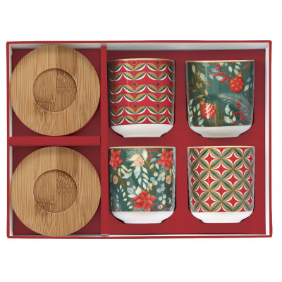  Easy Life - Christmas Joy - Set 4 bicchierini da caffe con piattino in bamboo - Colore: Verde/Rosso - SKU: R1476#CJOY 