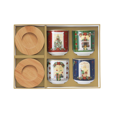  Easy Life - Festive Avenue - Set 4 bicchierini da caffe con piattino in bamboo con decori natalizi - Colore: Multicolore - SKU: R1476#FEAV 