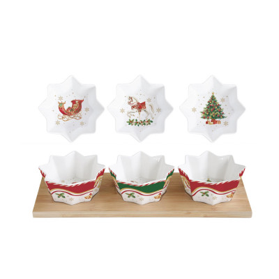  Easy Life - Modello: Christmas Tales - Set aperitivo con 3 ciotoline e vassoio in bamboo con decori natalizi - Colore: Multicolore - SKU: R2183#CTAL - Codice EAN: 8001544175065 