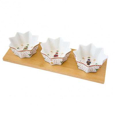 Easy Life - Modello: Magie de Noel - Set aperitivo con 3 ciotoline in porcella e vassoio bambù - SKU: R2183#MNOE - Codice EAN: 8001544020327 