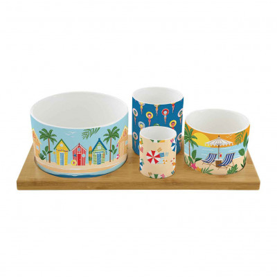  Easy Life - Modello: A la plage - Set aperitivo con ciotole in porcellana e vassoio in legno - Colore: Multicolore - SKU: R1468#ALAP - Codice EAN: 8001544150123 