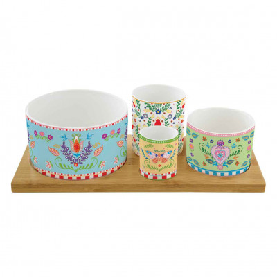  Easy Life - Modello: Spring Folk - Set aperitivo con ciotole in porcellana e vassoio in legno - Colore: Multicolore - SKU: R1468#SFOL - Codice EAN: 8001544152165 