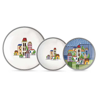  Egan - Modello: Paese Mio - Set 3 pezzi piatto fondo, piano e da dessert in ceramica - Colore: Blu - SKU: 121066 - Codice EAN: 8055267588732 