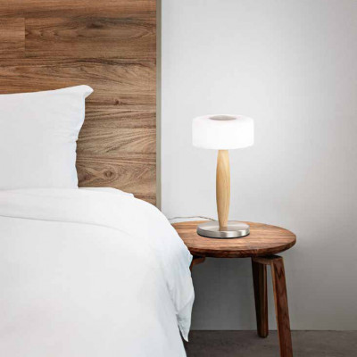  Fabas Luce - Modello: Elea - Abatjour a led moderna in metallo e legno e diffusore in vetro soffiato - Attacco Lampadina: Led Integrato - 1 Lampadina - Watt 8W - Lumen 860 - Dimmerabile: SI - Gradi Kelvin 3000k Luce Calda - Grado di Protezione: IP20 - Classe Energetica: E - SKU: 3761-30 