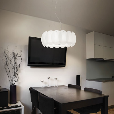  Ideal lux - Ovalino - Lampada a sospensione moderna grande con diffusore in lastre di vetro - Colore: Bianco - 8 Lampadine E27 60W - IP20 - SKU: 090481 