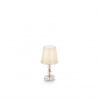  Ideal lux - Modello: Queen - Lampada da comodino in metallo e cristallo e paralume in tessuto e PVC - Colore: Oro - Attacco Lampadina: E27 - 1 Lampadina - Watt 60W - Dimmerabile: NO - Grado di Protezione: IP20 - SKU: 077734 - Codice EAN: 8021696341941 