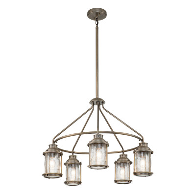  Kichler - Modello: Ashland Bay - Lampadario da esterno a 5 luci con struttura in acciaio e con diffusori in vetro - Colore: Bronzo - Attacco Lampadina: E27 - 5 Lampadine - Watt 60W - Dimmerabile: NO - Grado di Protezione: IP44 - Classe Energetica: A - SKU: KL-ASHLANDBAY-5P-BU - Codice EAN: 5024005000150 