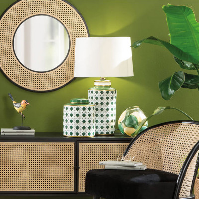  L'Oca Nera - Modello: Ethno Chic - Lampada da tavolo con base in porcellana e diffusore in tessuto - Colore: Bianco/Verde - Attacco Lampadina: E27 - 1 Lampadina - Watt 60W - Dimmerabile: NO - SKU: 1G156 