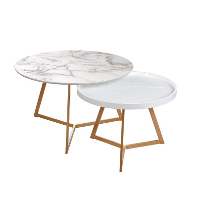  L'Oca Nera - Fashion - Set 2 pezzi tavolini da salotto con gambe in legno e piano in metallo - Colore: Oro - SKU: 1J175 