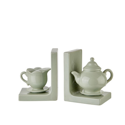  L'Oca Nera - Modello: Modern Country - Set fermalibri in ceramica verde salvia – Teiera e lattiera decorativa - Colore: Salvia - SKU: 1L143 