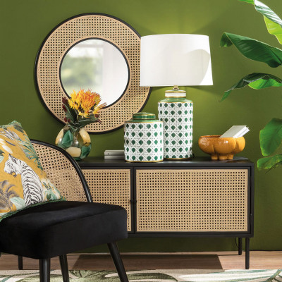  L'Oca Nera - Ethno Chic - Specchio rotondo con cornice in paglia di Vienna e metallo di design - SKU: 1J184 