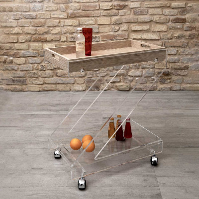  Vesta - Modello: Zeta - Design By: Mattei Carella - Carrello portavivande in plexiglass con ruote e vassoio separabile in legno - SKU: 09405 